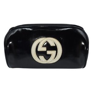 Gucci Vintage Black Patent Leather Interlocking G Cosmetic Makeup Pouch Bag READ